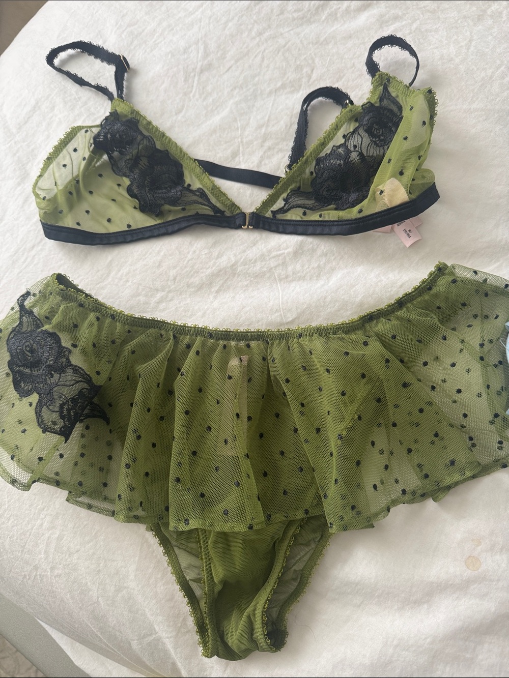 Victoria's Secret Olive Green Mesh Bralette & Skirted Pant Set with Black Lace